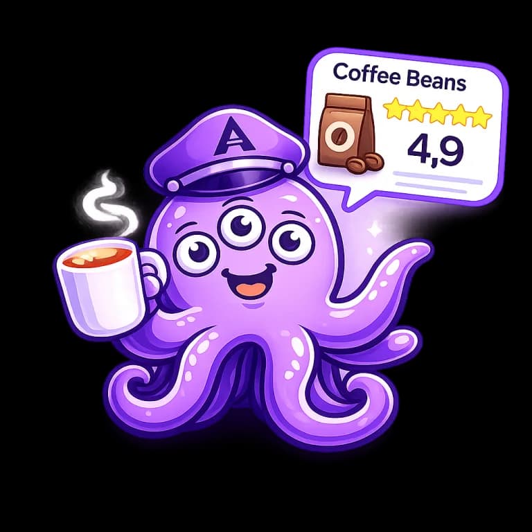 Ari holding a coffee beside a customer rating card